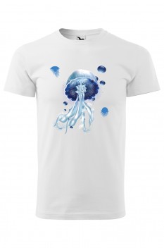 Tricou imprimat Blue Jellyfish, pentru barbati, alb, 100% bumbac
