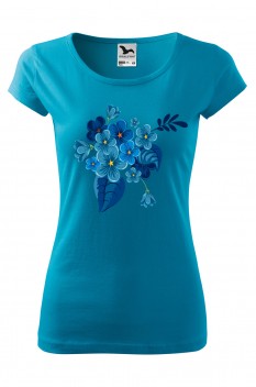 Tricou imprimat Blue Mimosa, pentru femei, turcoaz, 100% bumbac