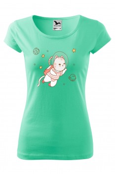 Tricou imprimat Astronaut Cat, pentru femei, verde menta, 100% bumbac