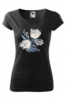 Tricou imprimat Blue Flowers, pentru femei, negru, 100% bumbac