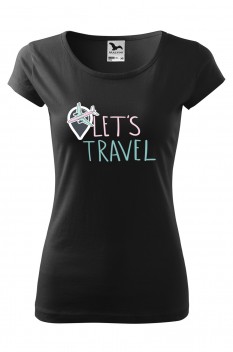 Tricou imprimat Let's Travel, pentru femei, negru, 100% bumbac
