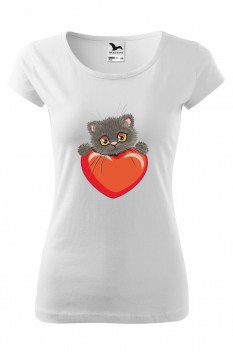 Tricou imprimat Kitten Heart, pentru femei, alb, 100% bumbac