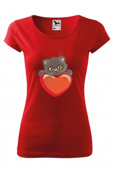 Tricou imprimat Kitten Heart, pentru femei, rosu, 100% bumbac