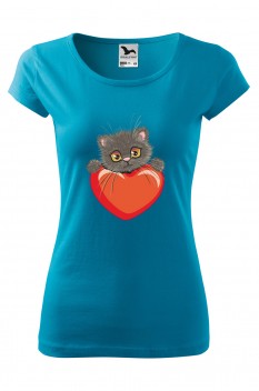 Tricou imprimat Kitten Heart, pentru femei, turcoaz, 100% bumbac