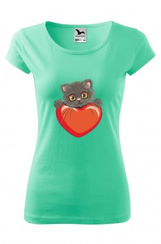 Tricou imprimat Kitten Heart, pentru femei, verde menta, 100% bumbac