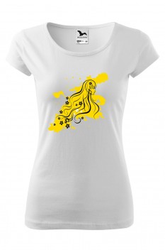 Tricou imprimat Lady in Yellow, pentru femei, alb, 100% bumbac