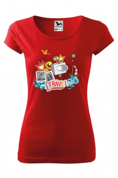 Tricou imprimat Travel, pentru femei, rosu, 100% bumbac