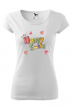 Tricou imprimat Happy Smile, pentru femei, alb, 100% bumbac