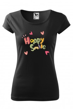 Tricou imprimat Happy Smile, pentru femei, negru, 100% bumbac