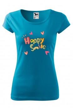 Tricou imprimat Happy Smile, pentru femei, turcoaz, 100% bumbac