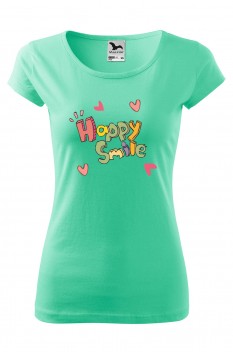 Tricou imprimat Happy Smile, pentru femei, verde menta, 100% bumbac