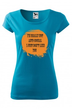 Tricou imprimat Anti Social, pentru femei, turcoaz, 100% bumbac