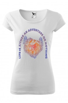 Tricou imprimat Adventure or Nothing, pentru femei, alb, 100% bumbac