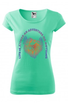 Tricou imprimat Adventure or Nothing, pentru femei, verde menta, 100% bumbac