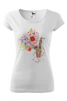 Tricou imprimat Music and Flowers, pentru femei, alb, 100% bumbac