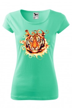Tricou imprimat Tiger's Gaze, pentru femei, verde menta, 100% bumbac