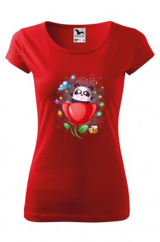 Tricou imprimat Hello Panda, pentru femei, rosu, 100% bumbac