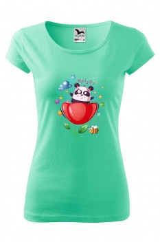 Tricou imprimat Hello Panda, pentru femei, verde menta, 100% bumbac