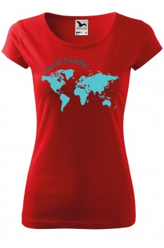 Tricou personalizat World Traveller, pentru femei, rosu, 100% bumbac