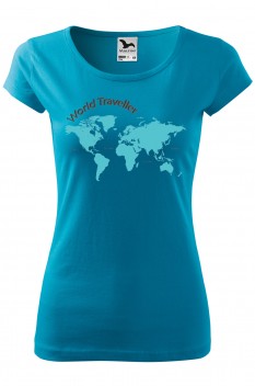 Tricou personalizat World Traveller, pentru femei, turcoaz, 100% bumbac