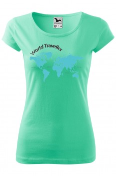 Tricou personalizat World Traveller, pentru femei, verde menta, 100% bumbac