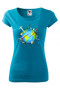 Tricou personalizat Around the World, pentru femei, turcoaz, 100% bumbac